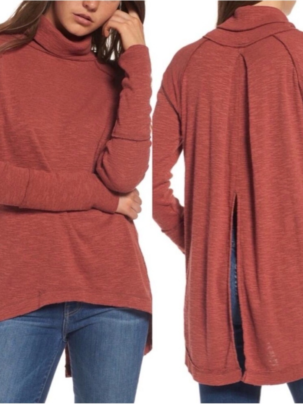 Free People We The Free Sienna Split-Back Turtleneck Rust Red Knit Top Boho L